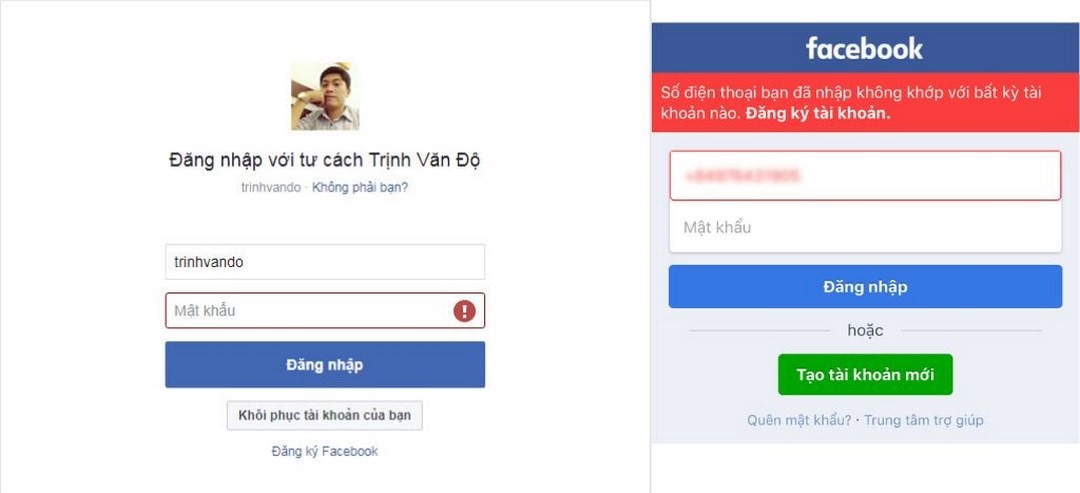 Giao diện Facebook khi bạn nhập sai mật khẩu và tên tài khoản